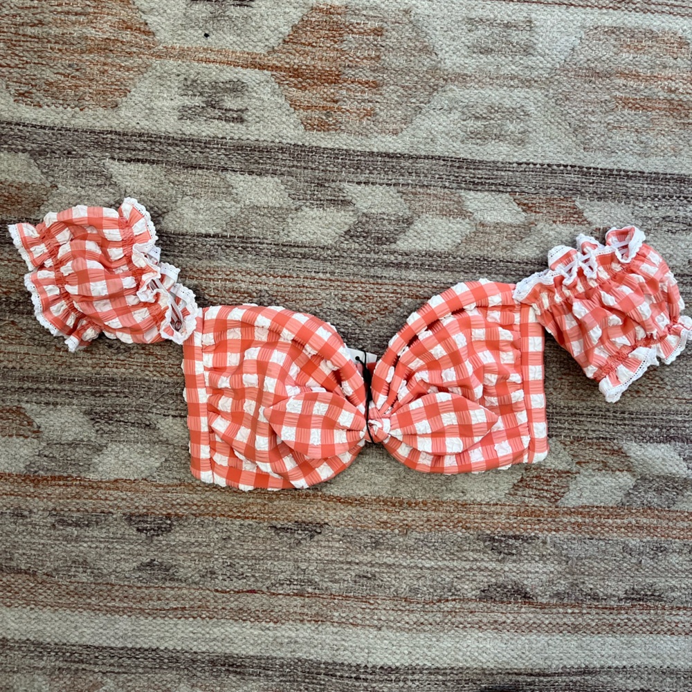 Montce shrimp gingham mama sleeves off shoulder bikini top XL BNWT